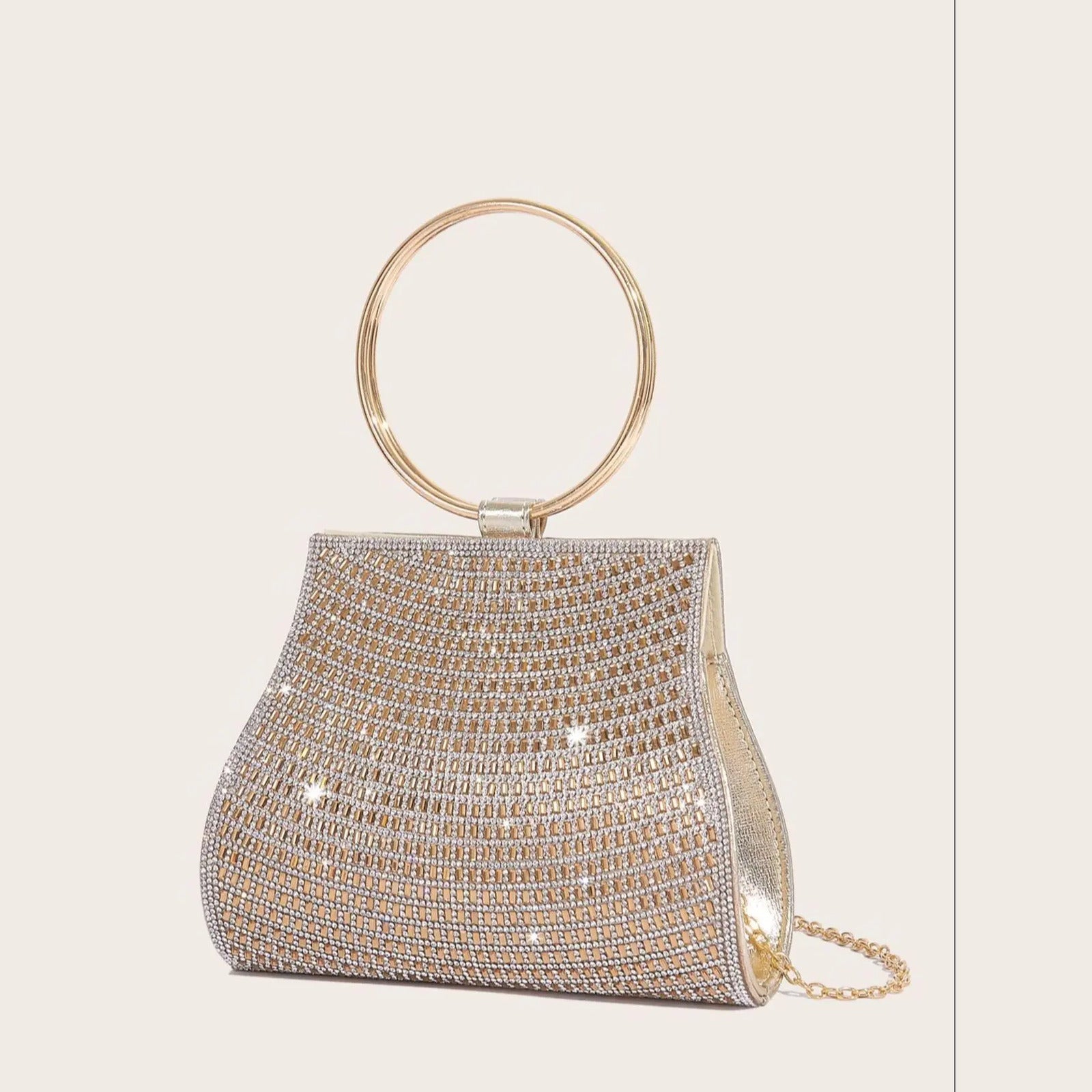 Bolso de fiesta con pedrería, asa de aro y cadena de 120 cm