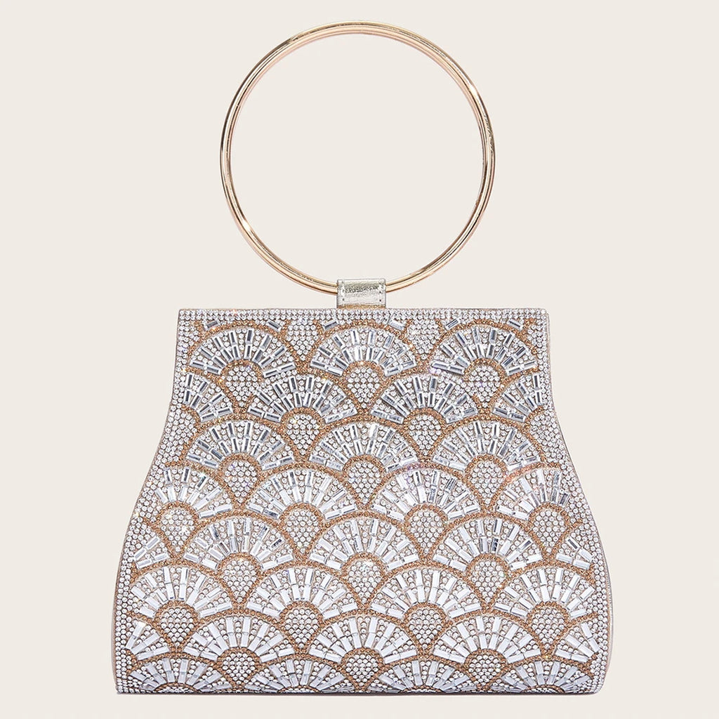 Bolso de fiesta con pedrería, asa de aro y cadena de 120 cm